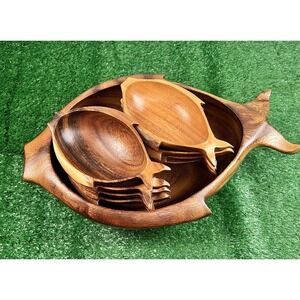 VTG Hand- Carved Monkey Pod Wood Fish Shaped Salad Bowl Set 1 Large 8 Small